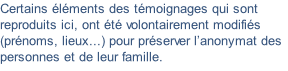 Certains éléments des témoignages qui sont reproduits ici, ont été volontairement modifiés (prénoms, lieux...) pour préserver l’anonymat des personnes et de leur famille.